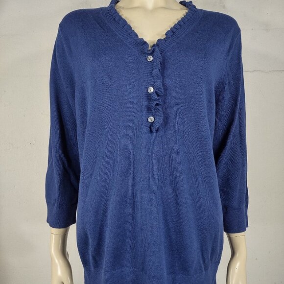 NWT Lands' End dark blue ruffled V-Neck pullover sweater ladies Large - Picture 1 of 7